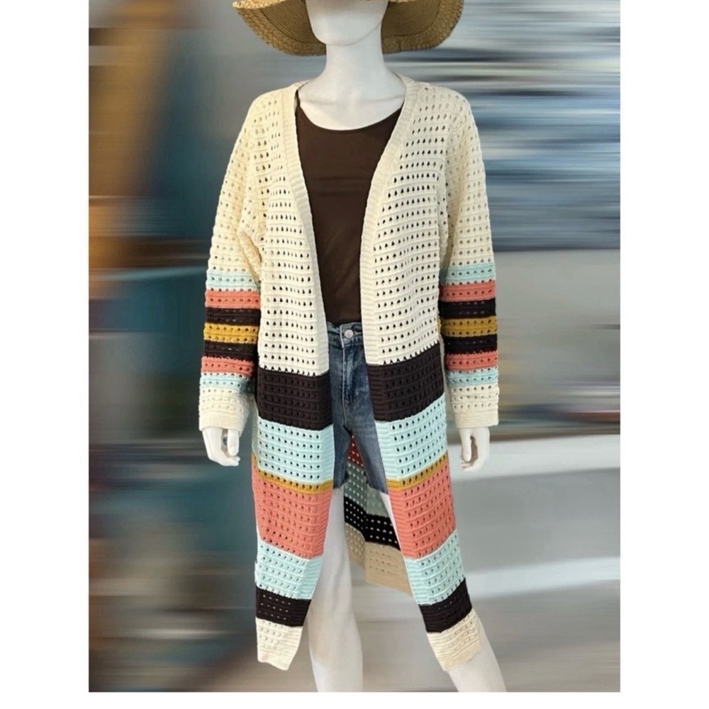 POLAGRAM open front boho vibes long cardigan M L - Picture 3 of 5